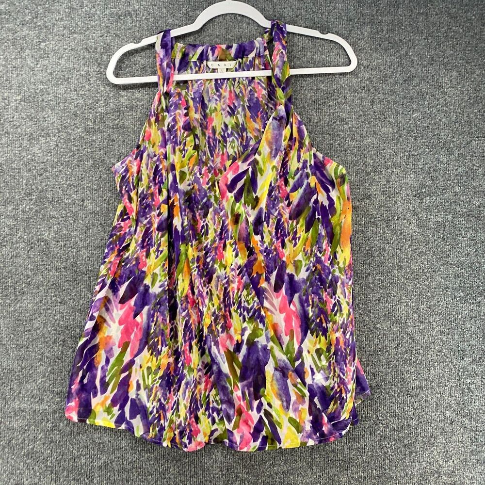 Cabi Y2K Top Womens L Purple‎ Watercolor Wrap V-Neck Sleeveless Artsy Festival